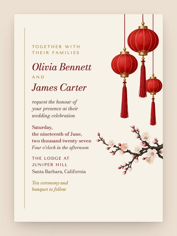 Lantern digital wedding invitation in Cherry Red