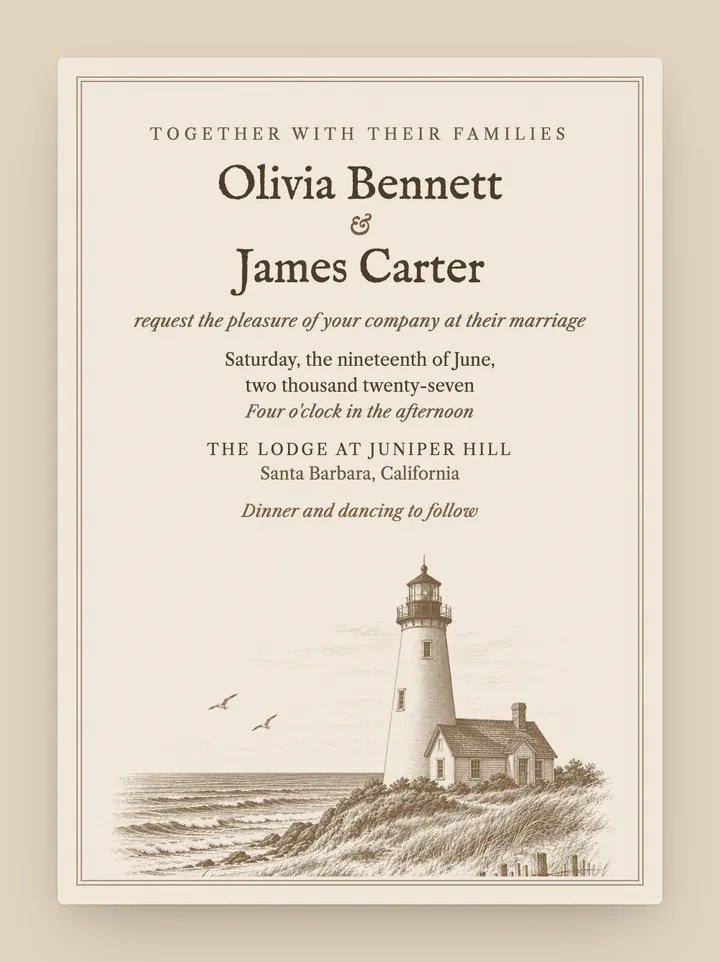 Lighthouse digital wedding invitation in Champagne