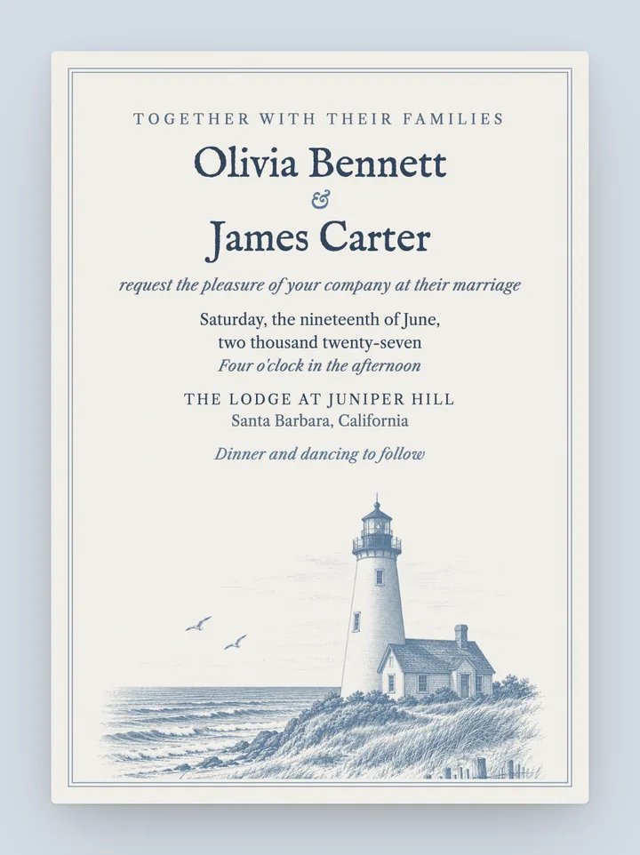 Lighthouse digital wedding invitation in Dusty Blue