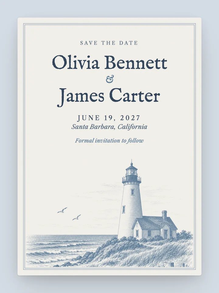 Lighthouse digital save the date in Dusty Blue