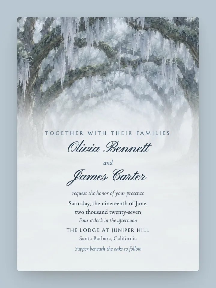Live Oak digital wedding invitation in Dusty Blue