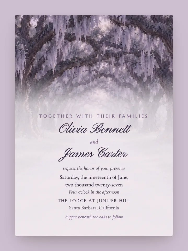 Live Oak digital wedding invitation in Lavender
