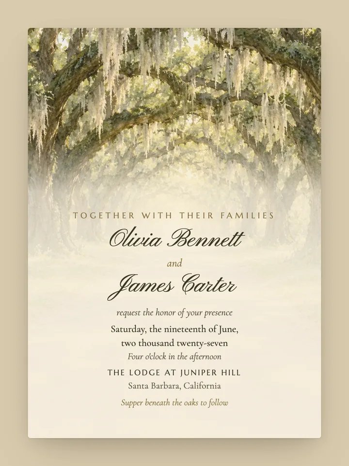 Live Oak digital wedding invitation in Champagne