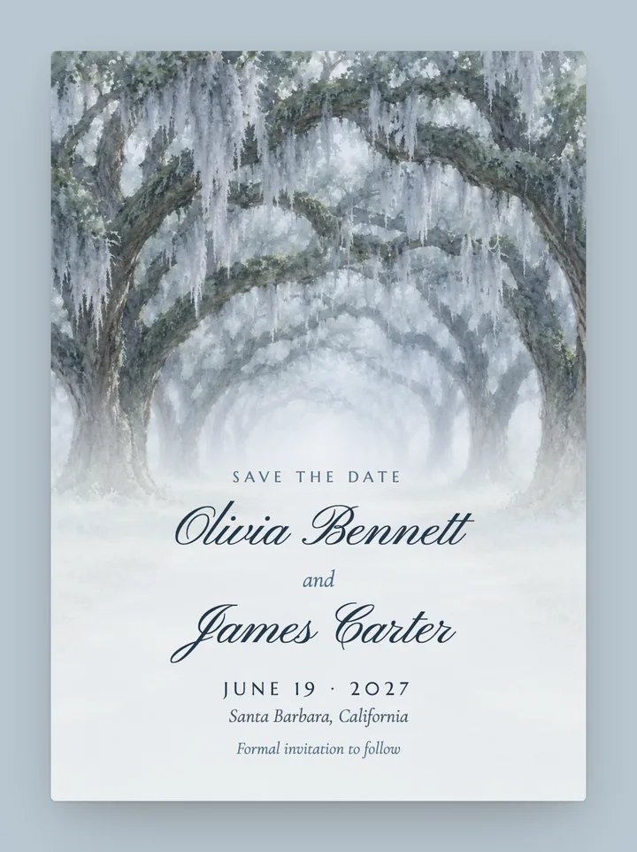 Live Oak digital save the date in Dusty Blue