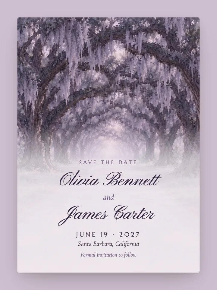 Live Oak digital save the date in Lavender