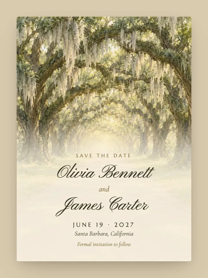 Live Oak digital save the date in Champagne