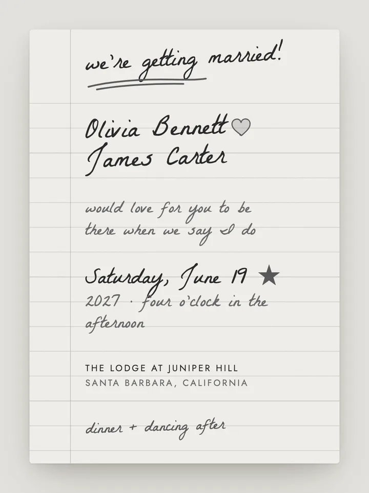 Love Notes digital wedding invitation in Graphite