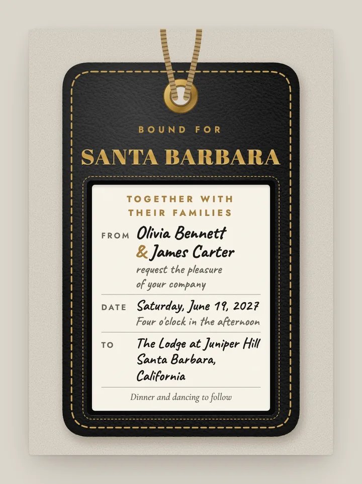 Luggage Tag digital wedding invitation in Black & Gold