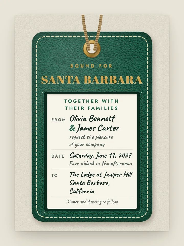 Luggage Tag digital wedding invitation in Emerald