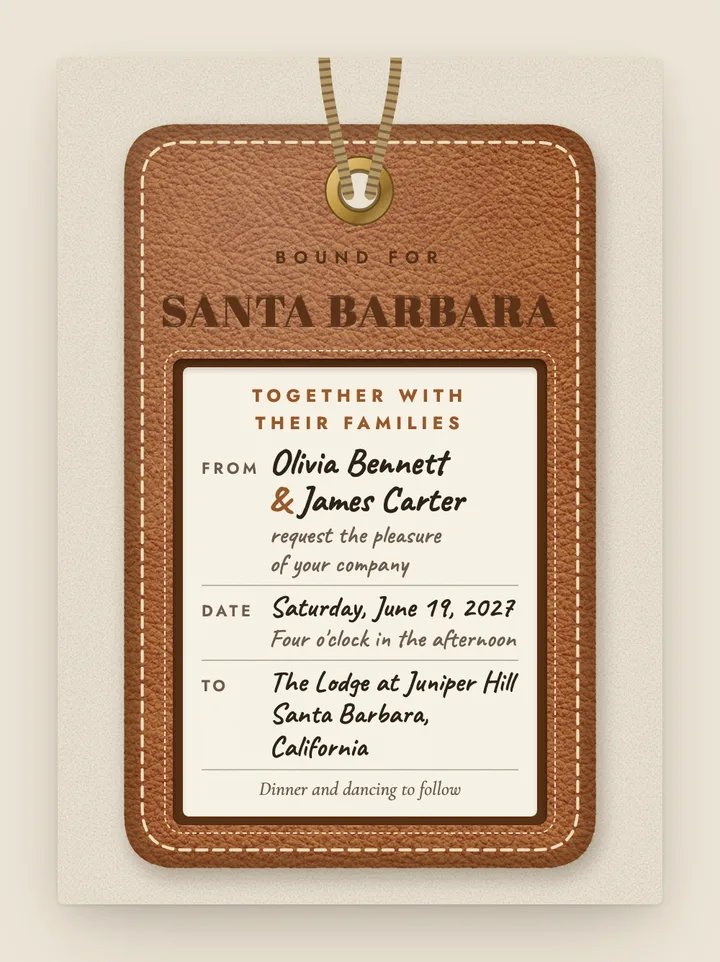 Luggage Tag digital wedding invitation in Saddle Tan
