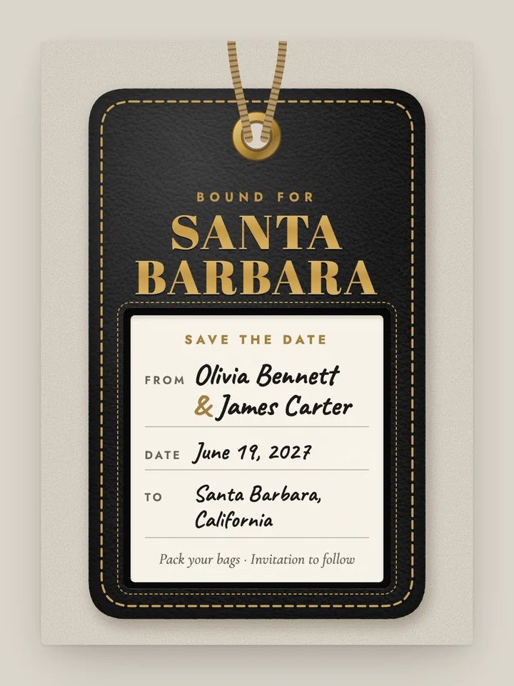 Luggage Tag digital save the date in Black & Gold