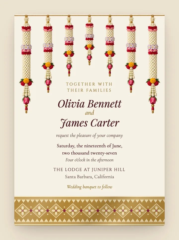 Malai digital wedding invitation in Ivory & Gold