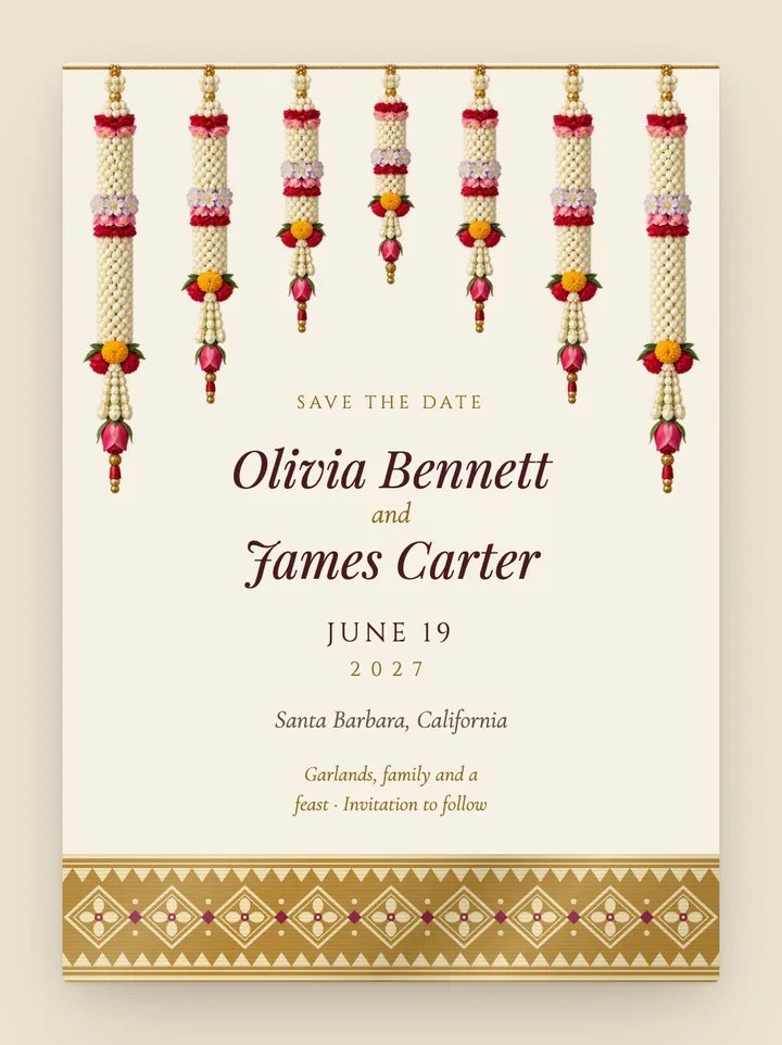 Malai digital save the date in Ivory & Gold