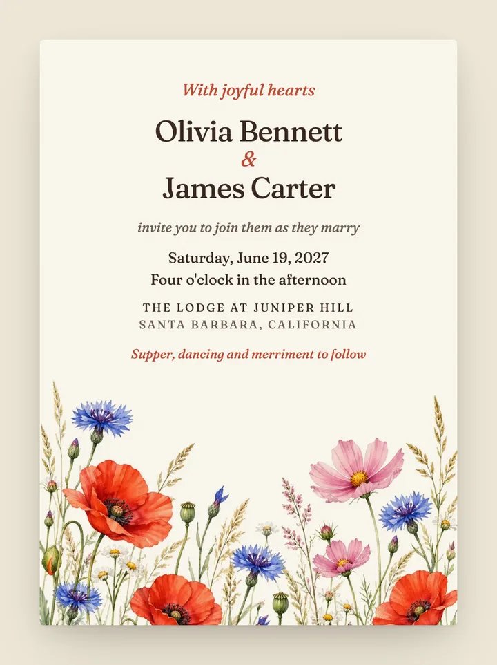 Meadow digital wedding invitation in Poppy