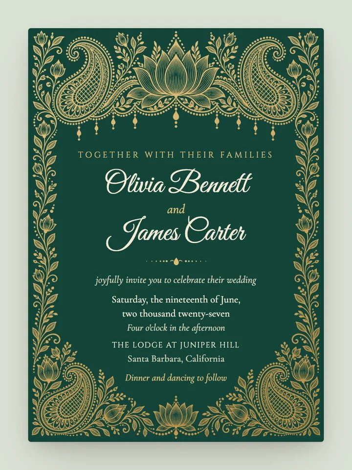 Mehndi digital wedding invitation in Emerald & Gold