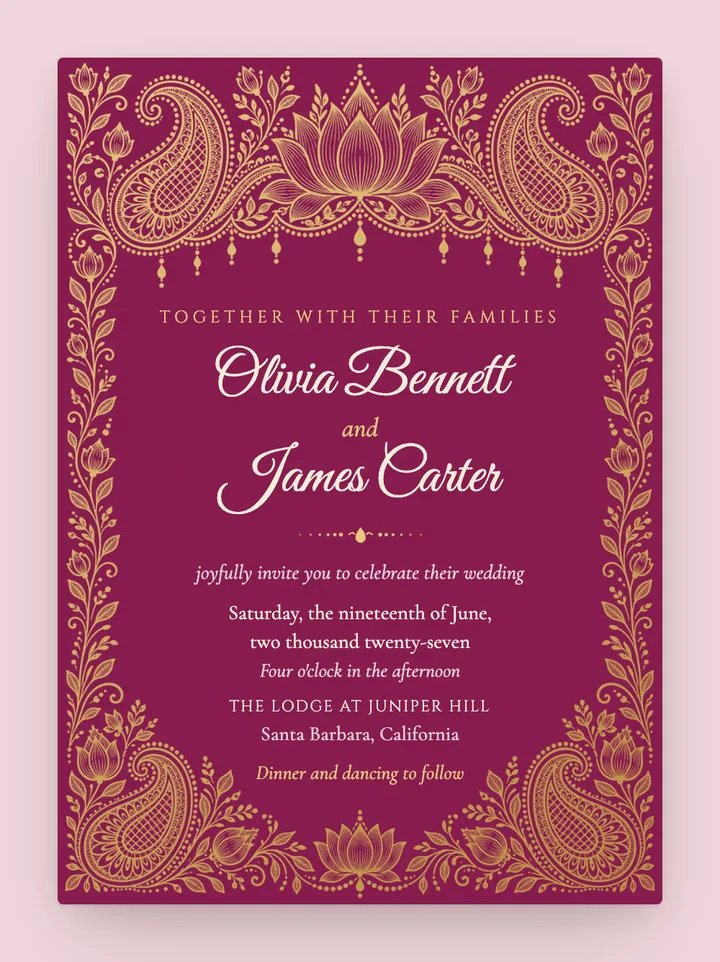Mehndi digital wedding invitation in Fuchsia & Gold