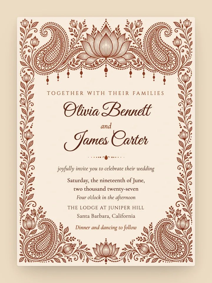 Mehndi digital wedding invitation in Henna