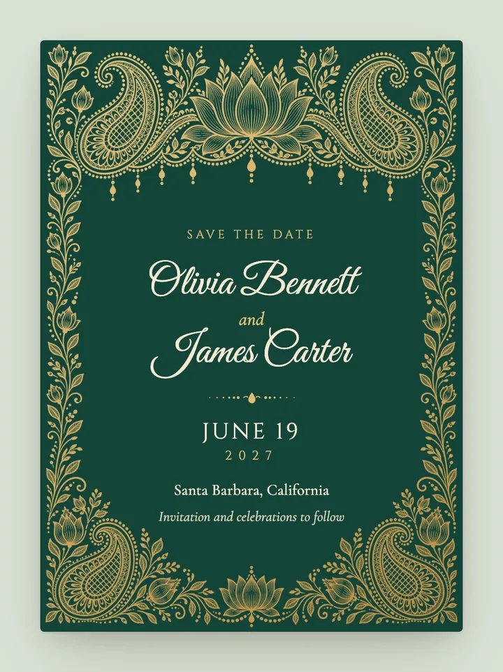 Mehndi digital save the date in Emerald & Gold