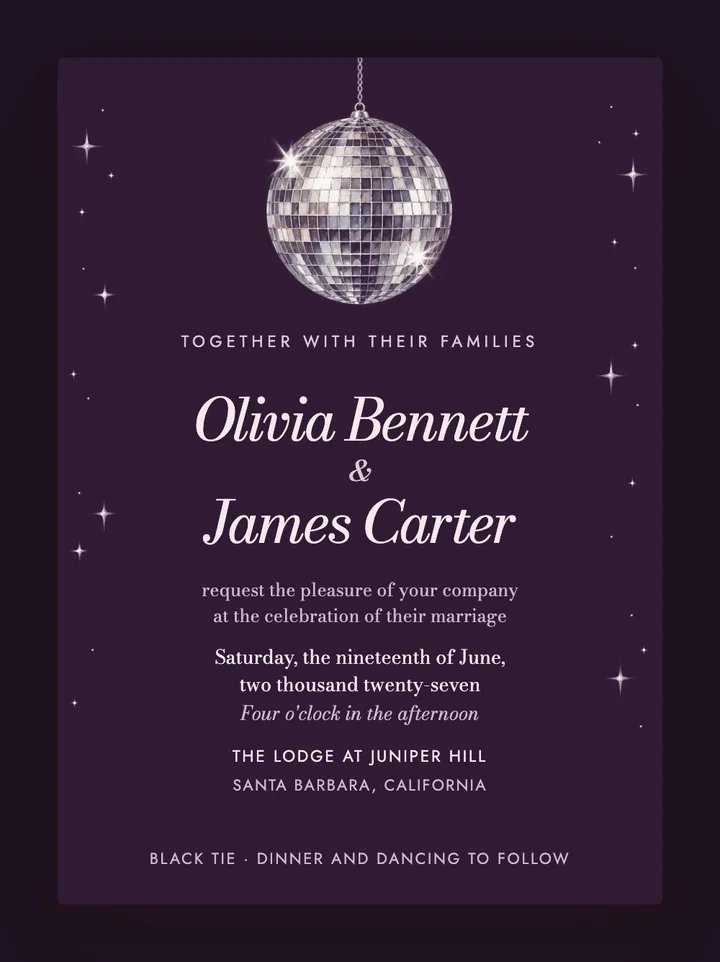 Mirrorball digital wedding invitation in Velvet Plum