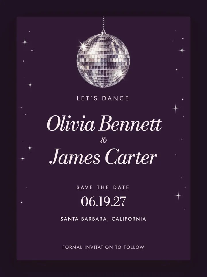 Mirrorball digital save the date in Velvet Plum