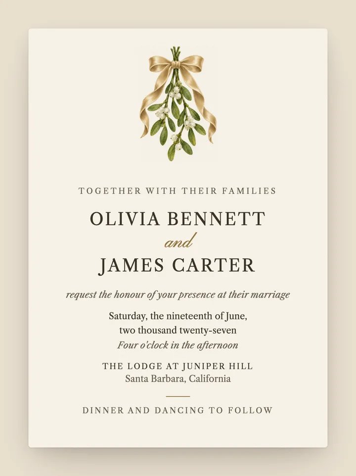 Mistletoe digital wedding invitation in Champagne