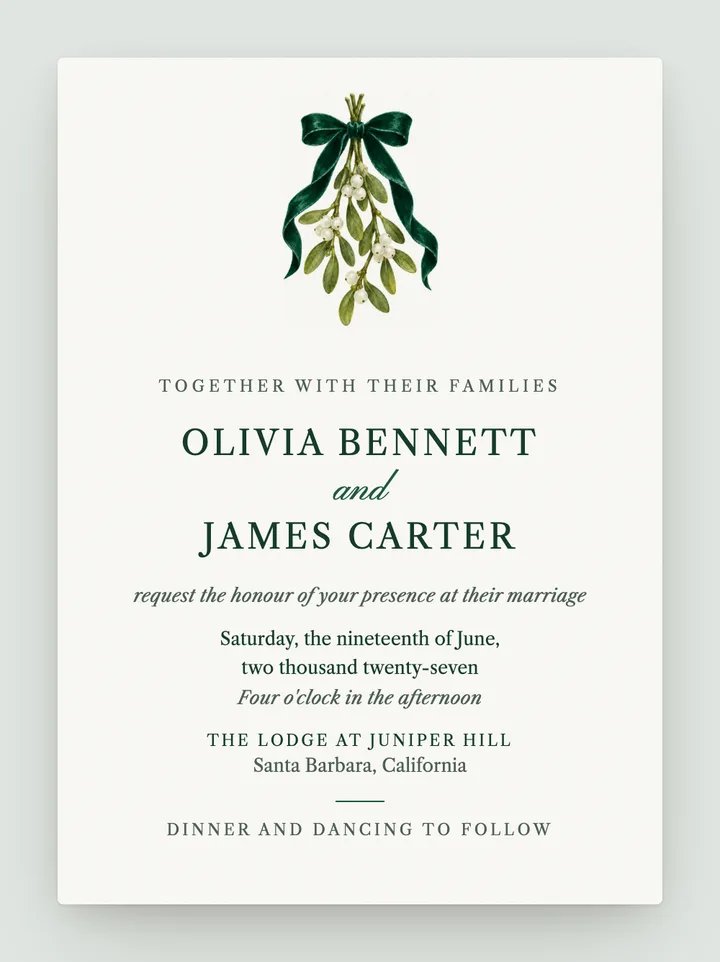 Mistletoe digital wedding invitation in Emerald