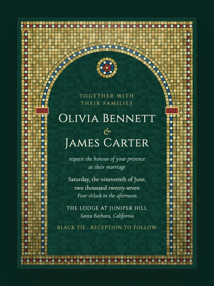 Mosaic digital wedding invitation in Emerald & Gold