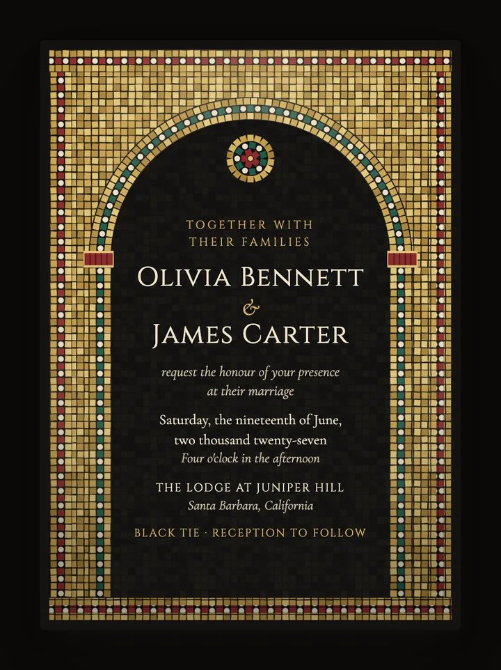 Mosaic digital wedding invitation in Black & Gold