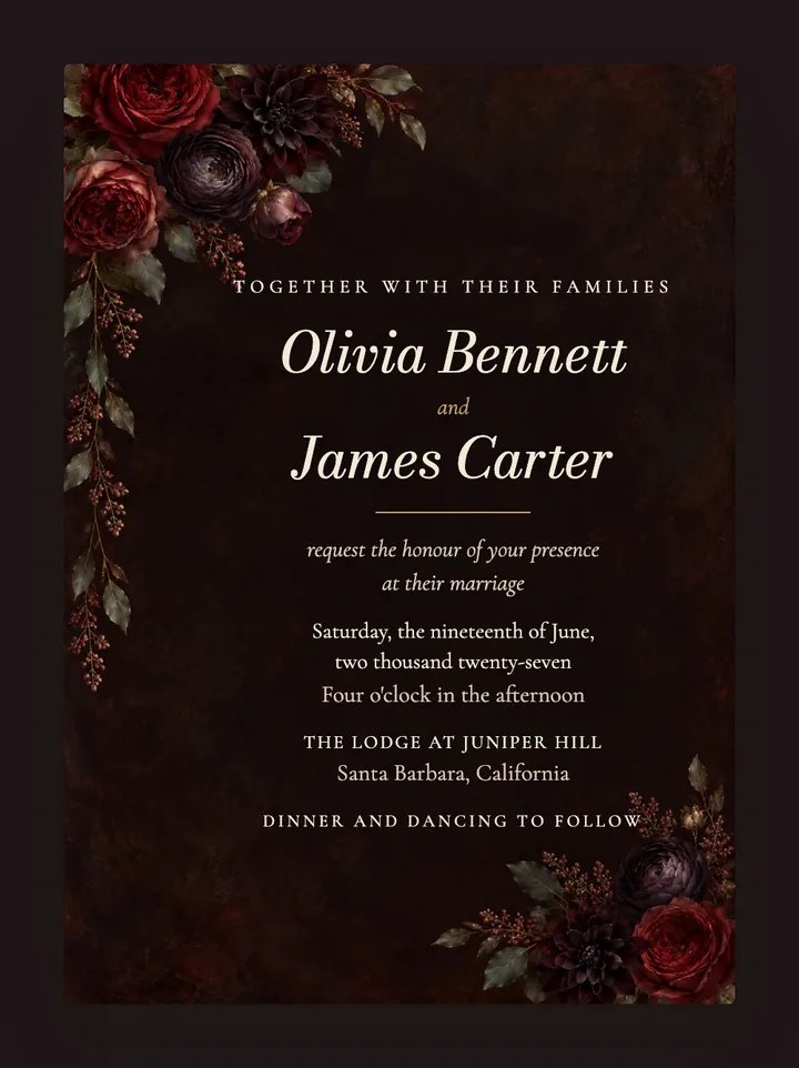 Nocturne digital wedding invitation in Oxblood