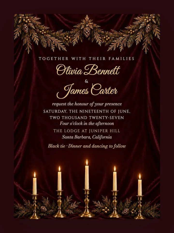 Noël digital wedding invitation in Burgundy Velvet