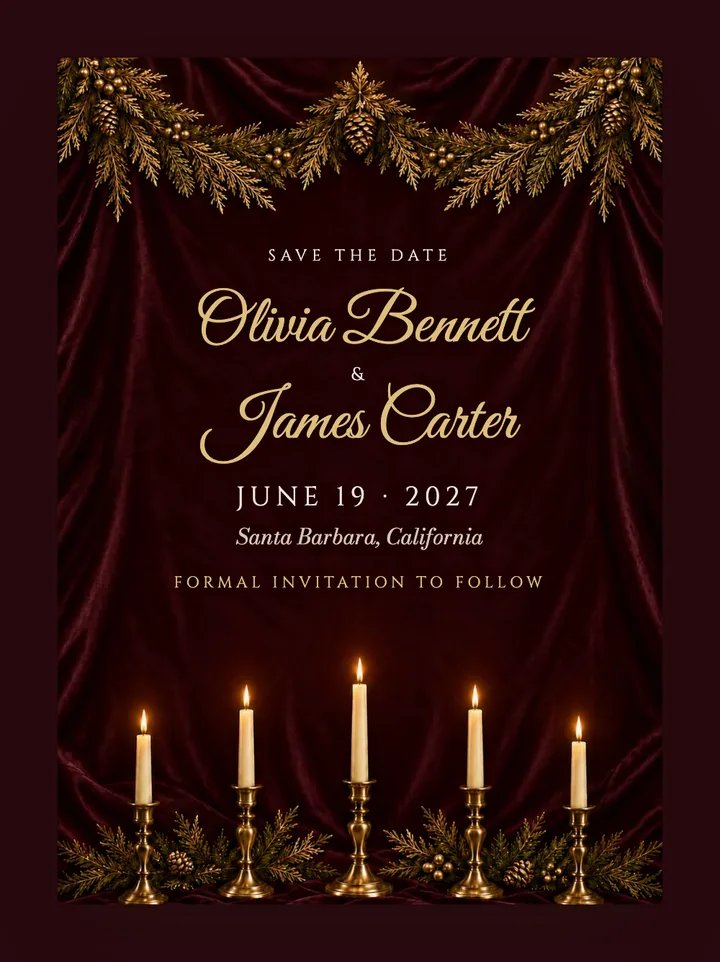 Noël digital save the date in Burgundy Velvet