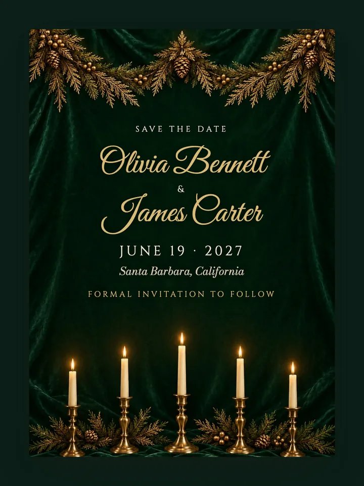 Noël digital save the date in Emerald Velvet
