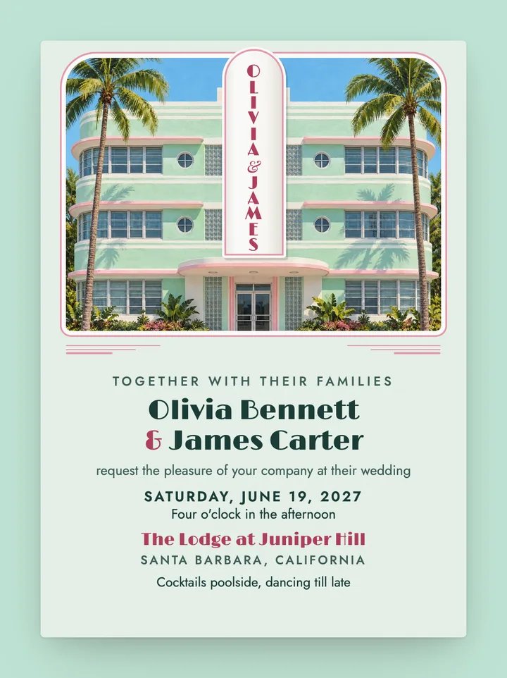 Ocean Drive digital wedding invitation in Mint