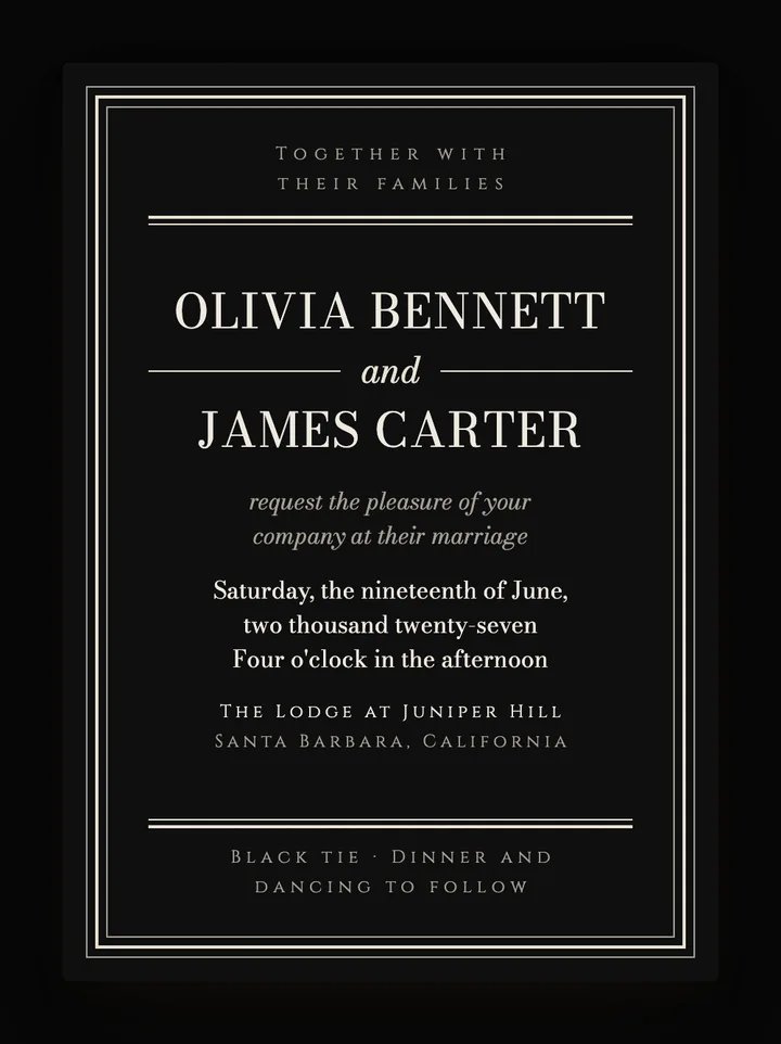 Onyx digital wedding invitation in Noir
