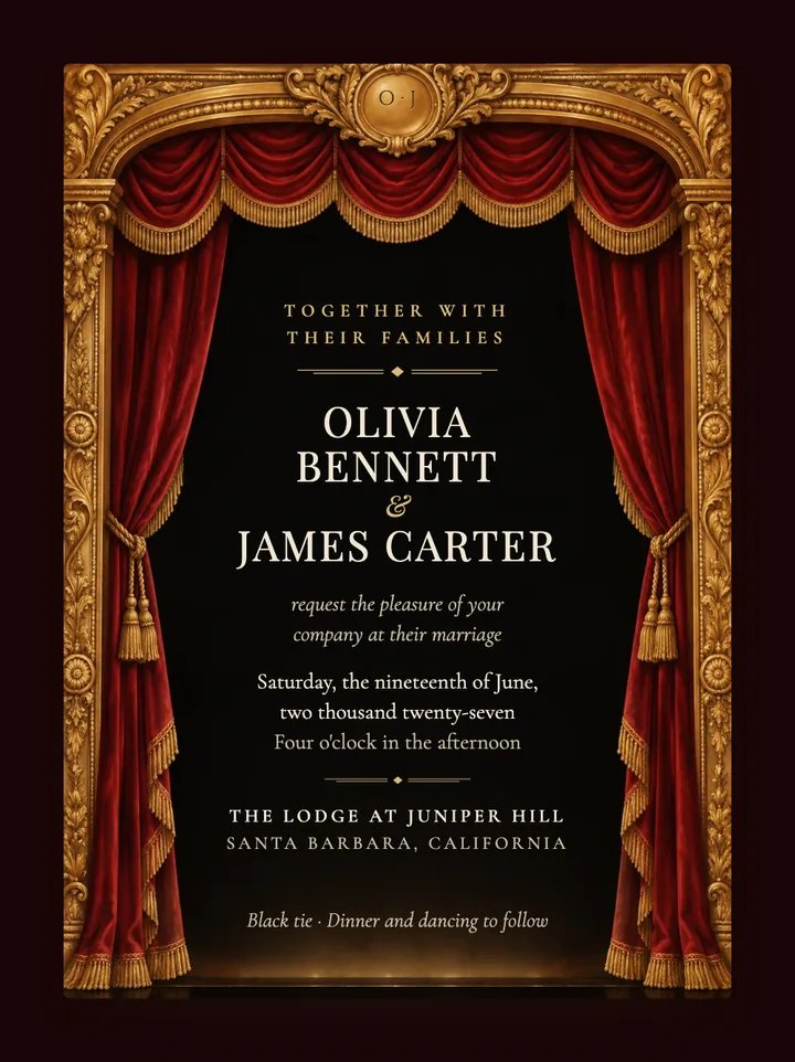Opera digital wedding invitation in Cherry Red & Gold
