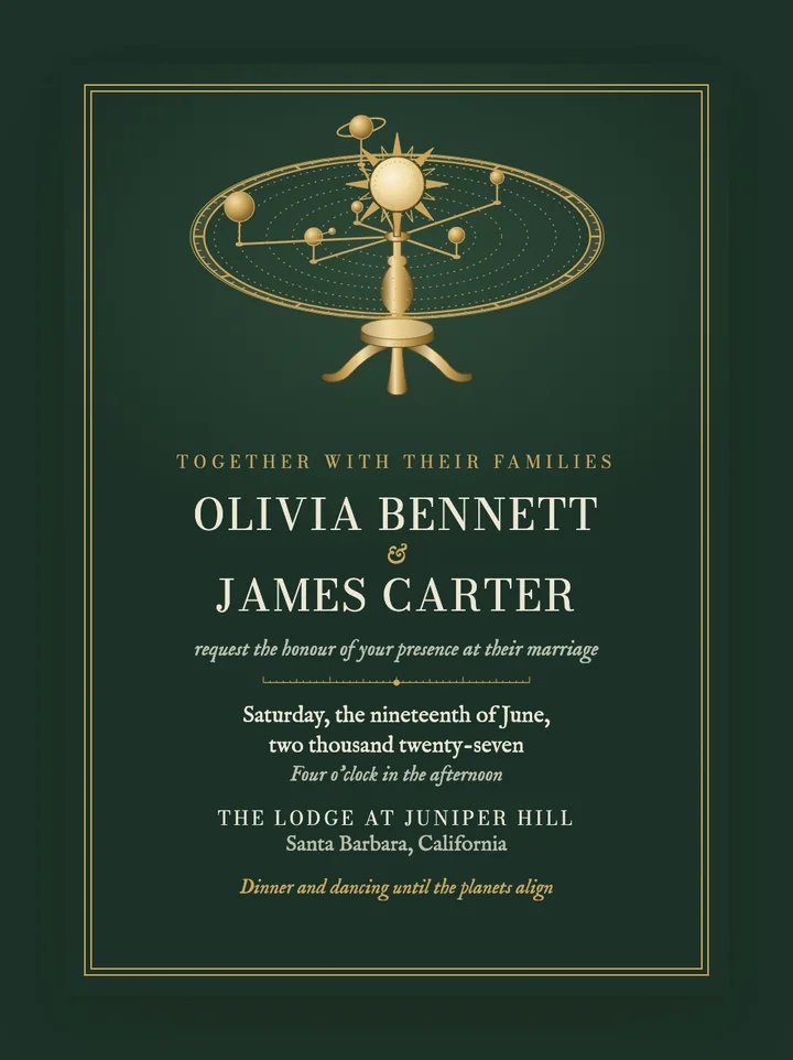 Orrery digital wedding invitation in Forest Green