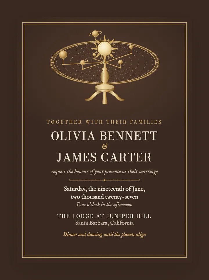 Orrery digital wedding invitation in Mocha