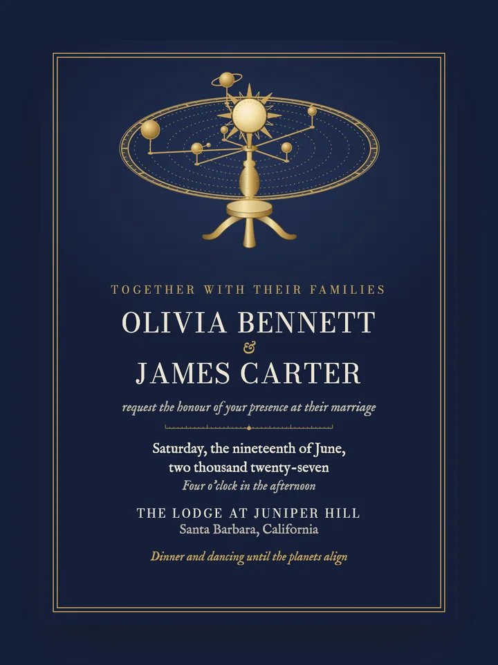 Orrery digital wedding invitation in Navy & Brass