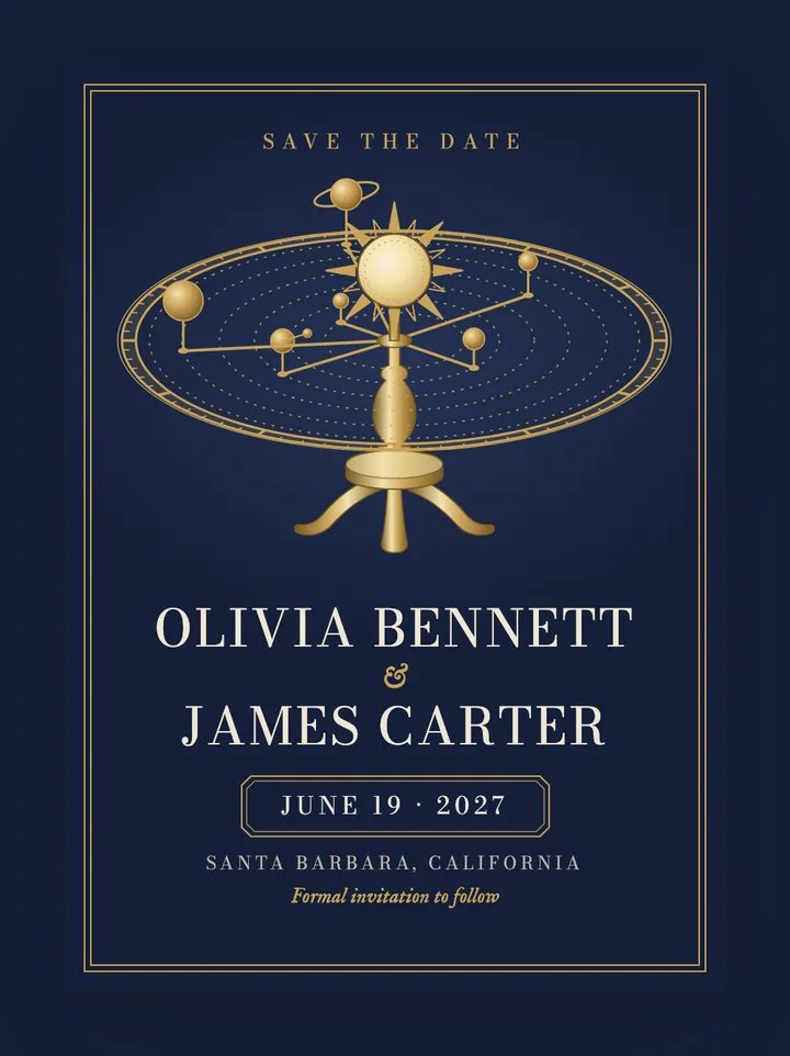 Orrery digital save the date in Navy & Brass