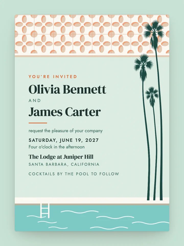Palm Springs digital wedding invitation in Mint & Orange