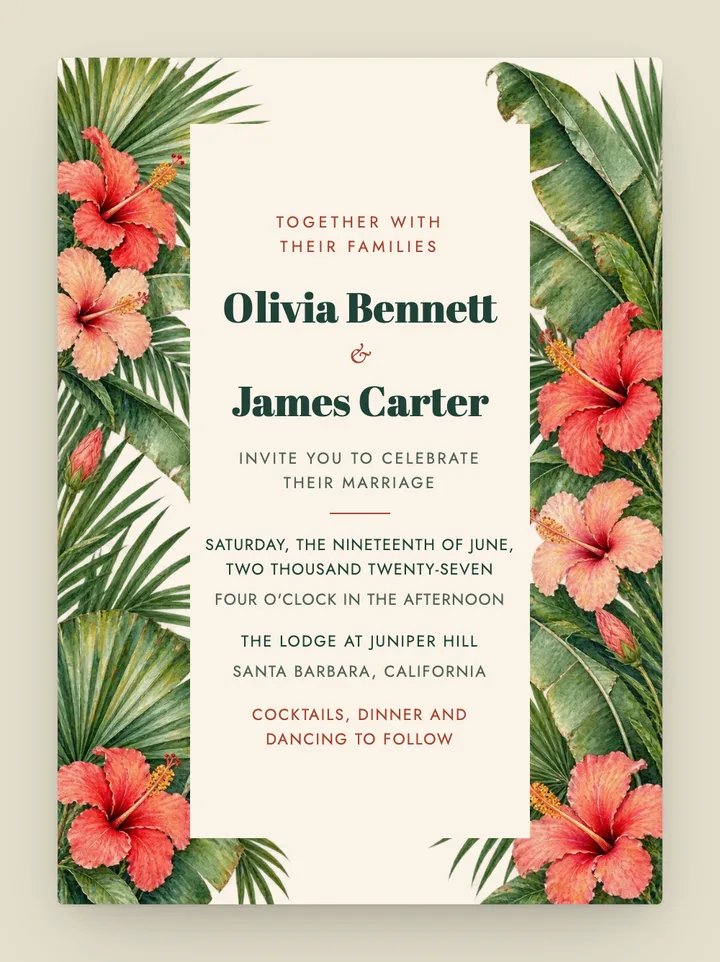 Palmera digital wedding invitation in Hibiscus