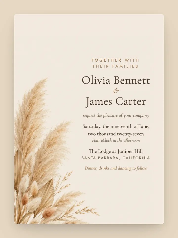 Pampas digital wedding invitation in Sand