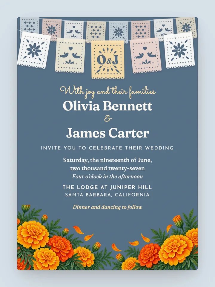 Papel Picado digital wedding invitation in Dusty Blue