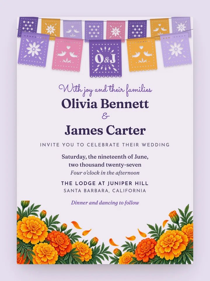 Papel Picado digital wedding invitation in Lavender