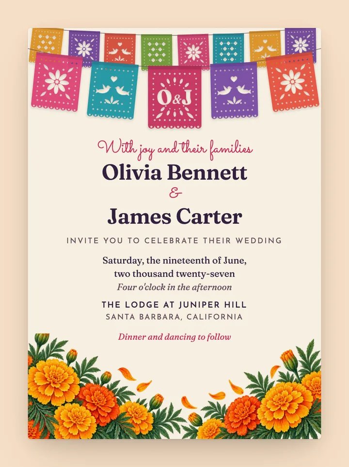 Papel Picado digital wedding invitation in Fiesta