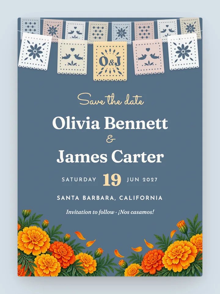 Papel Picado digital save the date in Dusty Blue