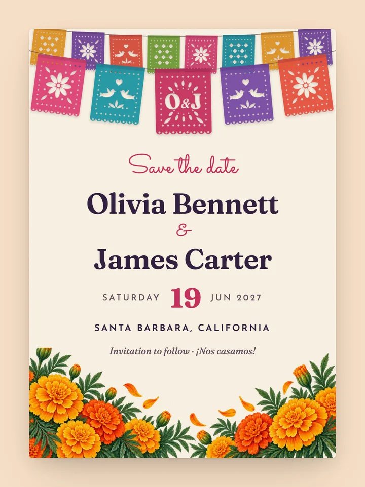 Papel Picado digital save the date in Fiesta