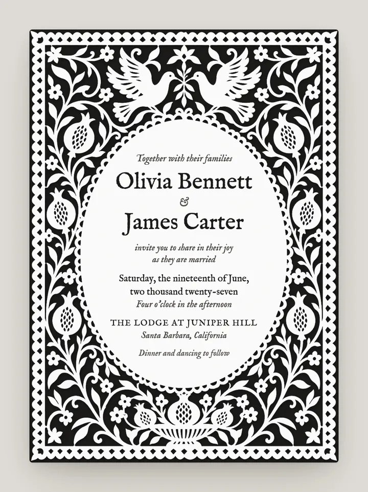 Papercut digital wedding invitation in Black & White