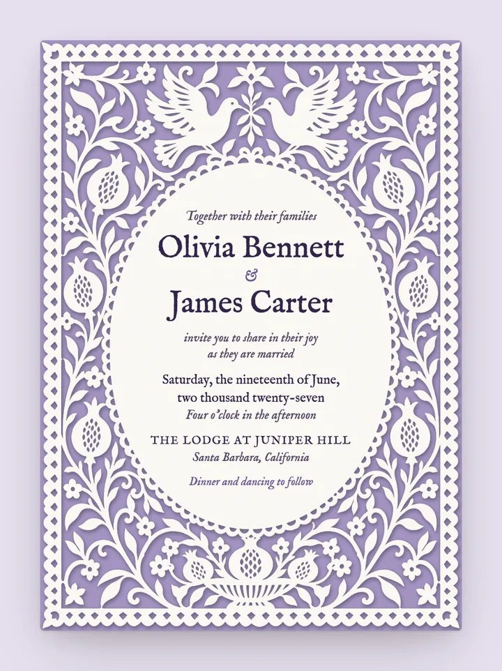 Papercut digital wedding invitation in Lavender