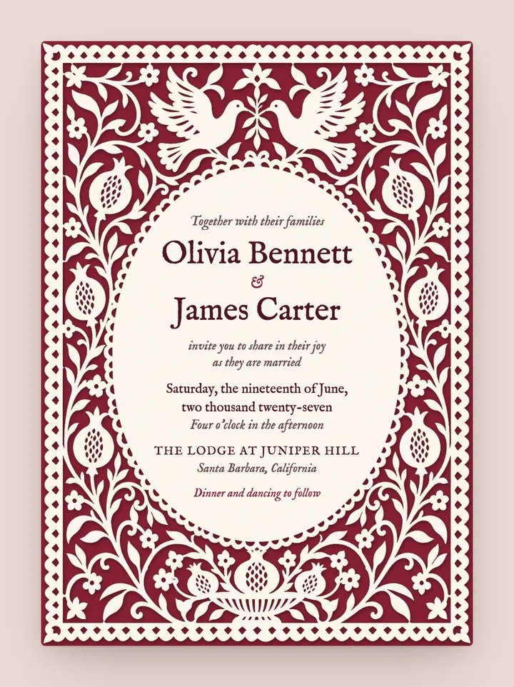Papercut digital wedding invitation in Pomegranate